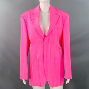 JACQUEMUS S Le Raphia Neon Pink White Viscose Blend Notch Lapel Jacket Blazer